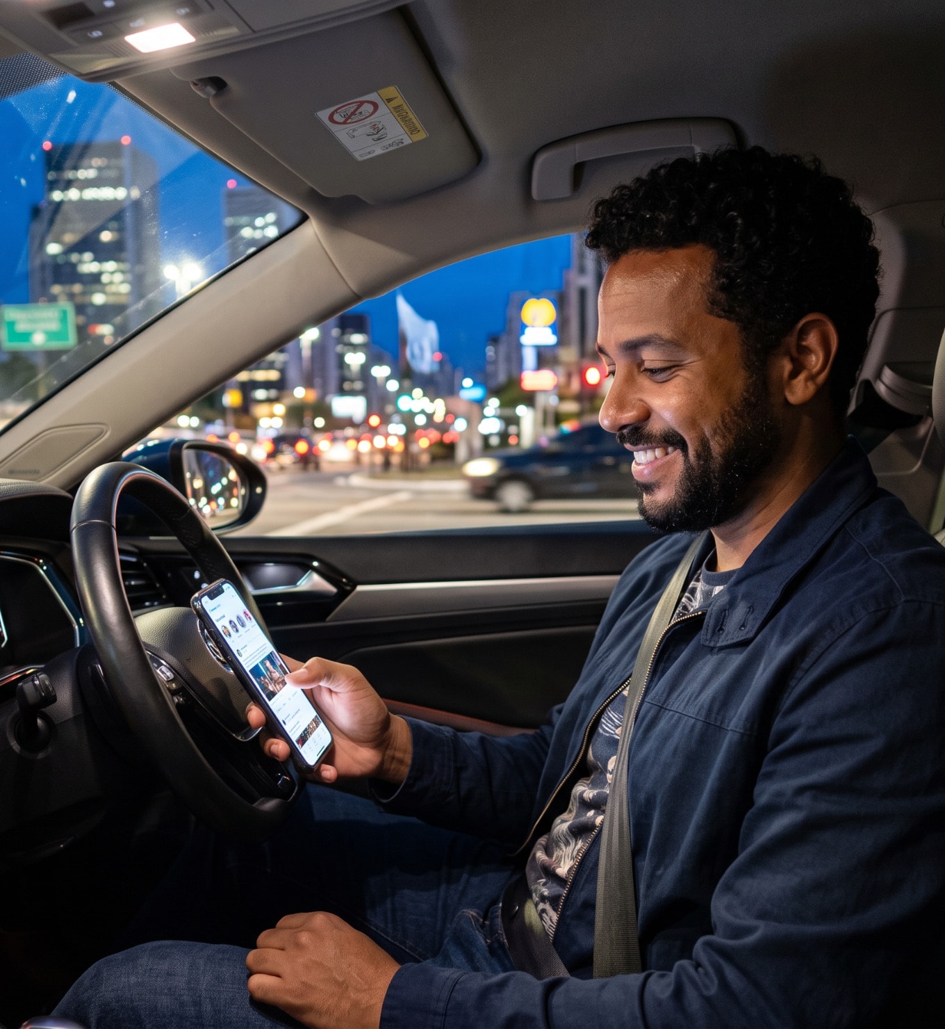 Driver checking his phone in the car
