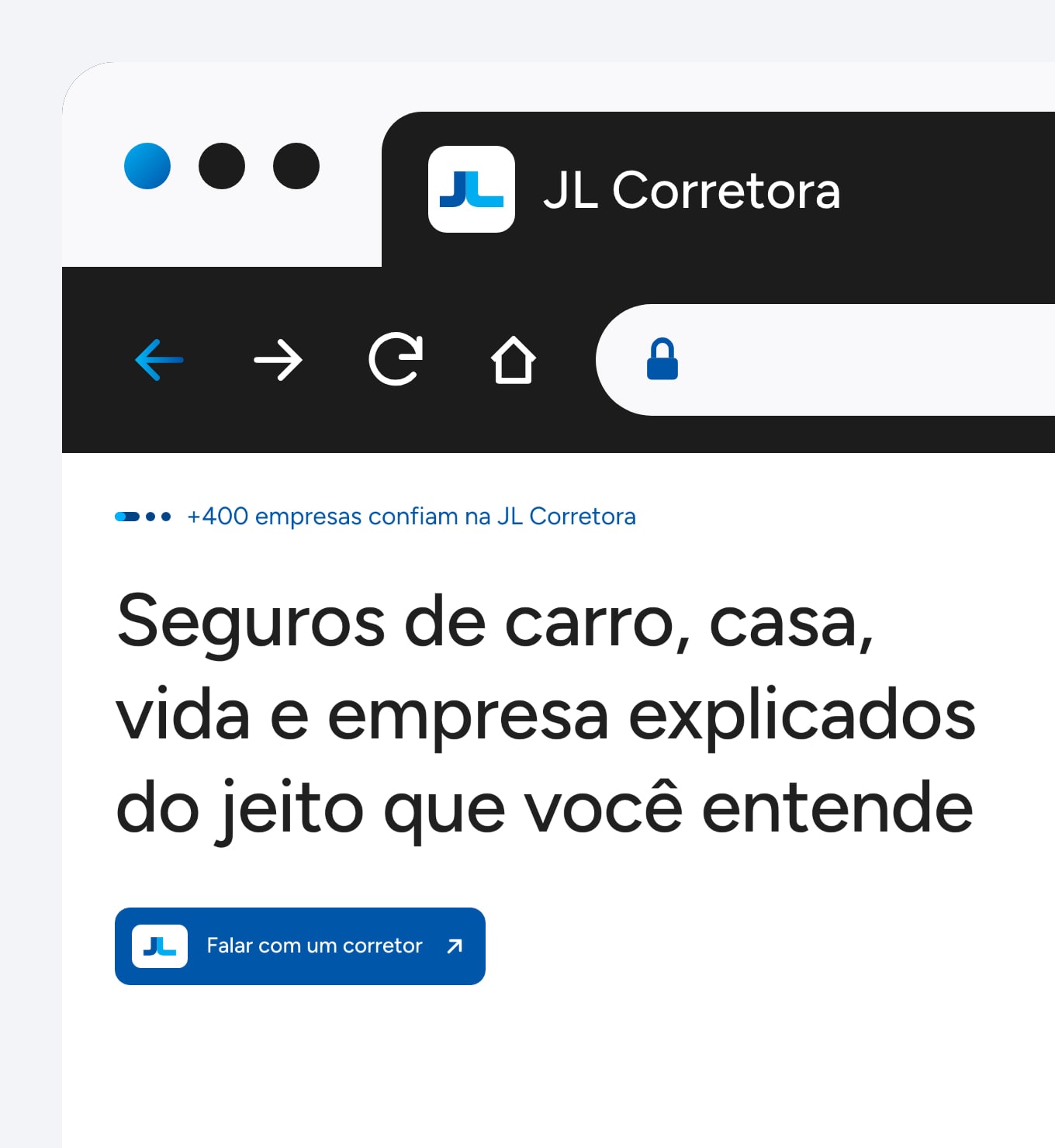 Browser tab with the JL Corretora icon and the website headline
