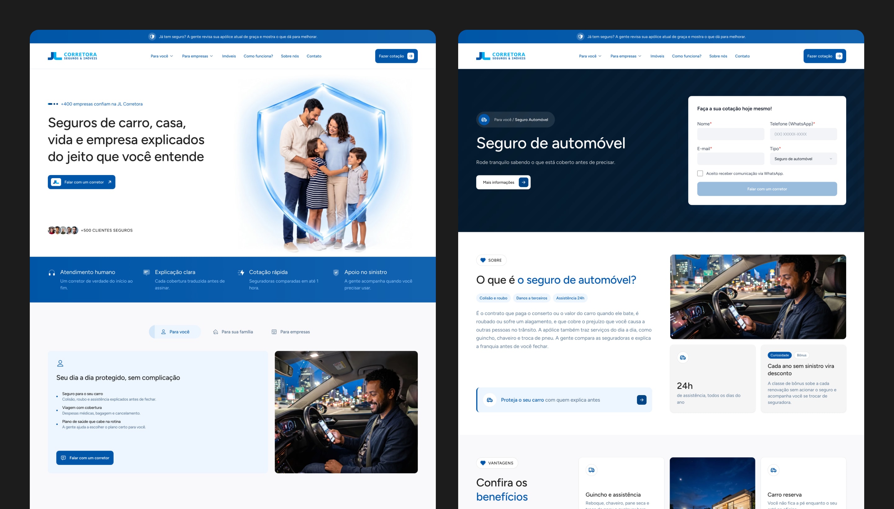 Home page and car insurance page side by side